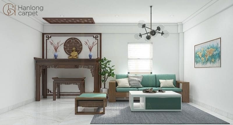 Sử dụng sofa, tranh ảnh, đèn…để trang trí cho không gian phòng khách có bàn thờ