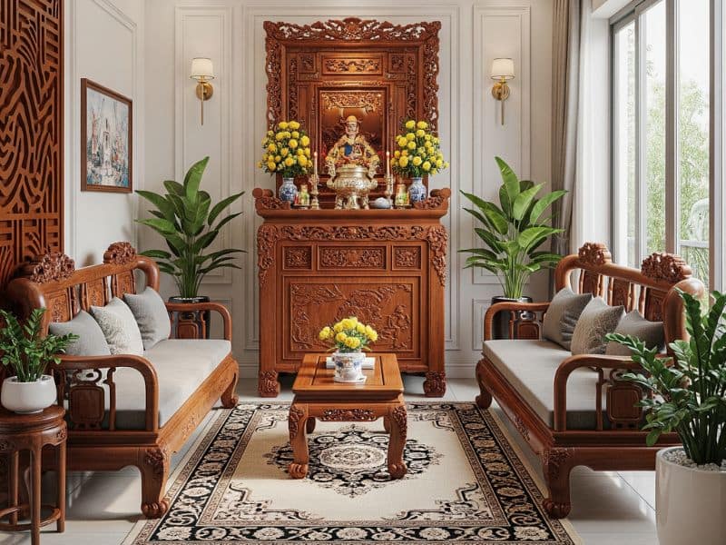 Trang trí phòng khách nhà cấp 4 có bàn thờ