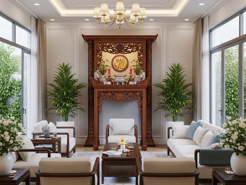 Trang trí phòng khách nhà cấp 4 có bàn thờ