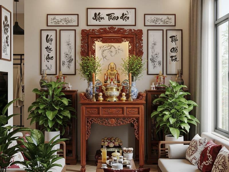 Trang trí phòng khách nhà cấp 4 có bàn thờ