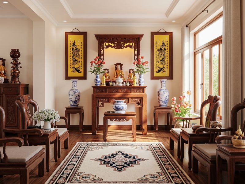 Trang trí phòng khách nhà cấp 4 có bàn thờ