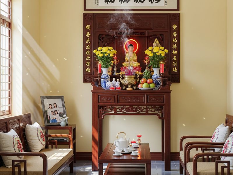 trang trí phòng khách nhà cấp 4 có bàn thờ