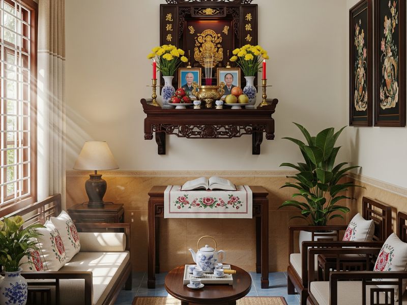 trang trí phòng khách nhà cấp 4 có bàn thờ