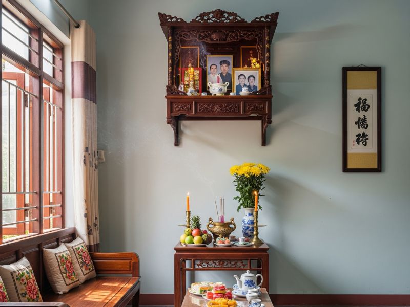 trang trí phòng khách nhà cấp 4 có bàn thờ