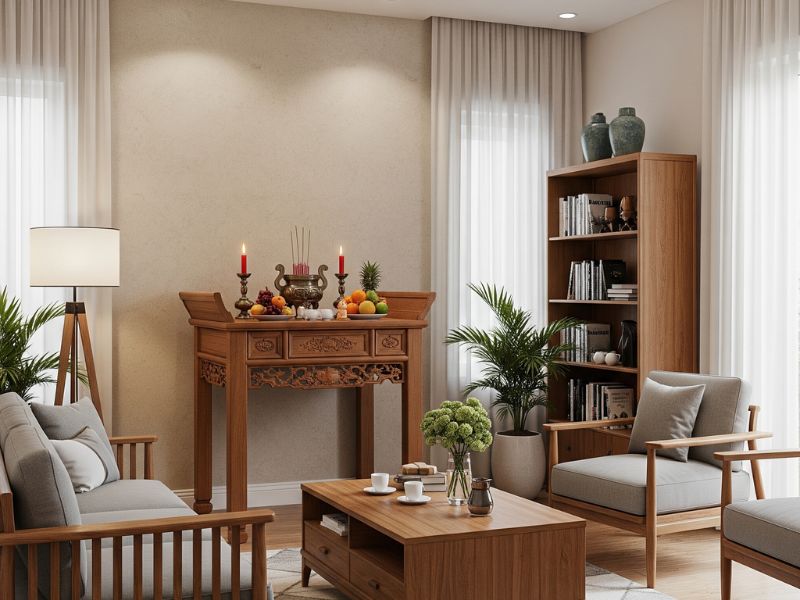 trang trí phòng khách nhà cấp 4 có bàn thờ