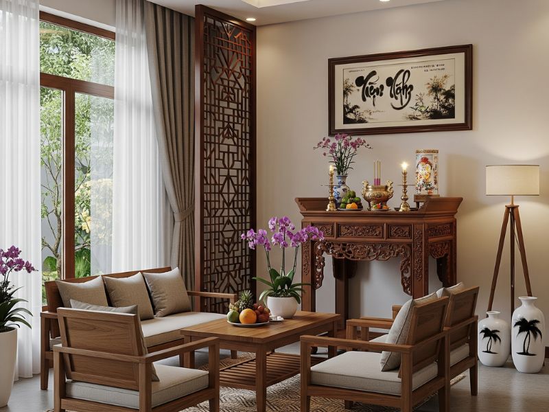 trang trí phòng khách nhà cấp 4 có bàn thờ