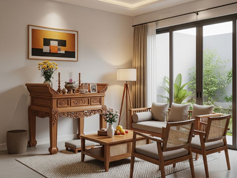 trang trí phòng khách nhà cấp 4 có bàn thờ