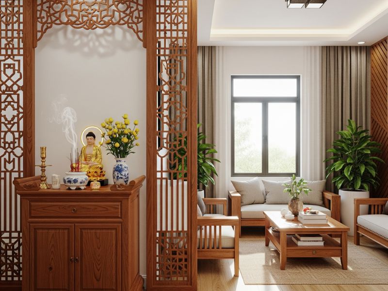 trang trí phòng khách nhà cấp 4 có bàn thờ
