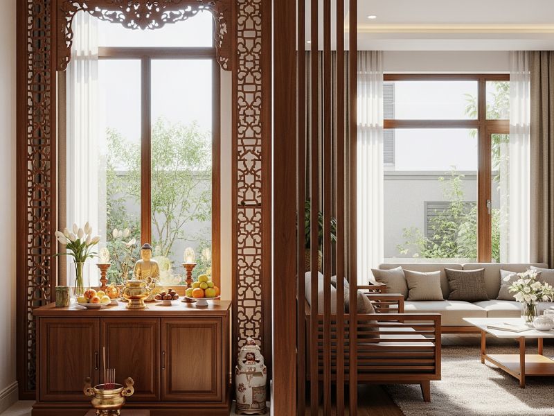 trang trí phòng khách nhà cấp 4 có bàn thờ