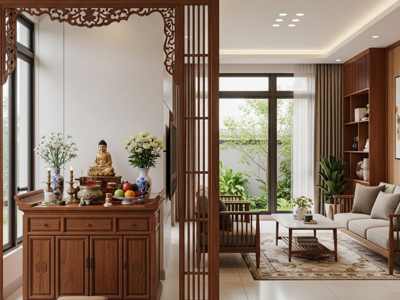 trang trí phòng khách nhà cấp 4 có bàn thờ