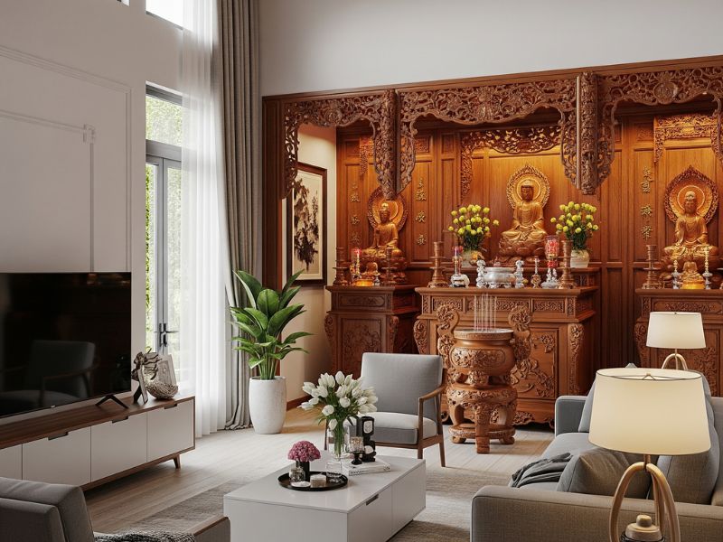 phòng khách kết hợp phòng thờ nhà ống đẹp