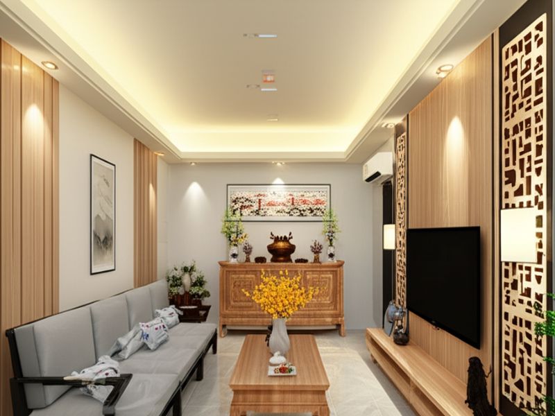 phòng khách kết hợp phòng thờ nhà ống đẹp