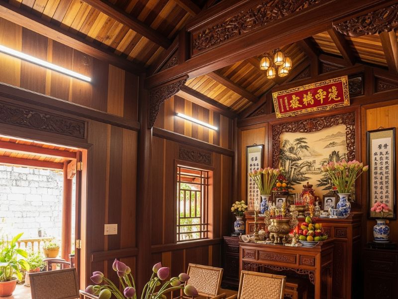phòng khách kết hợp phòng thờ nhà ống đẹp