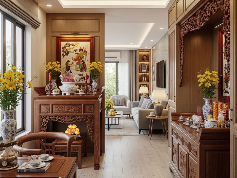 phòng khách kết hợp phòng thờ nhà ống đẹp