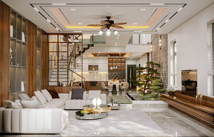 Trang trí phòng khách nhà ống có cầu thang
