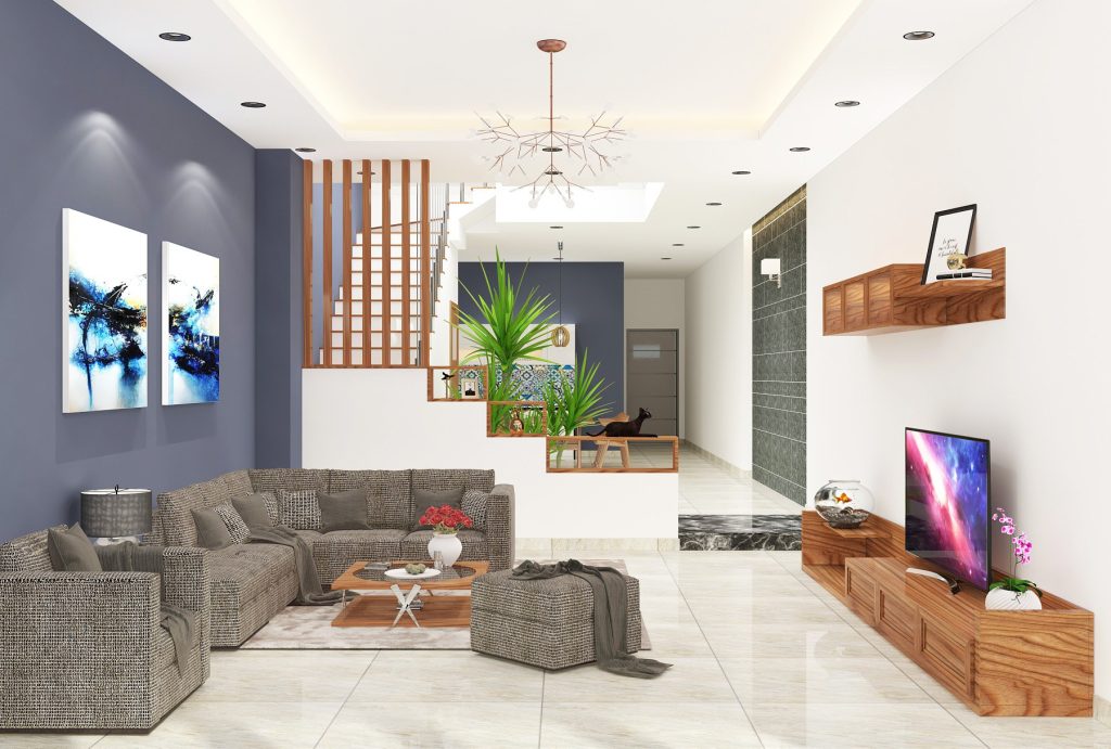 Trang trí phòng khách nhà ống có cầu thang