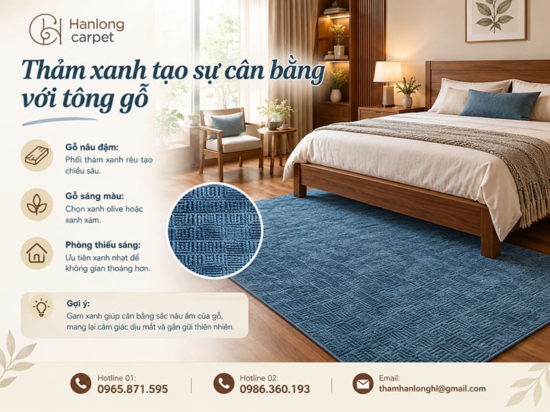 Thảm xanh tạo sự cân bằng với tông gỗ