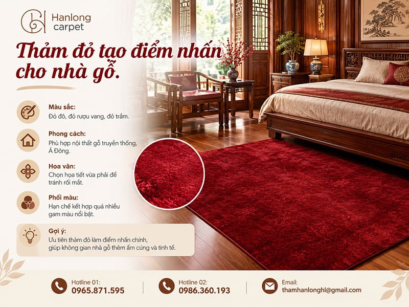 Thảm đỏ tạo điểm nhấn cho nhà gỗ