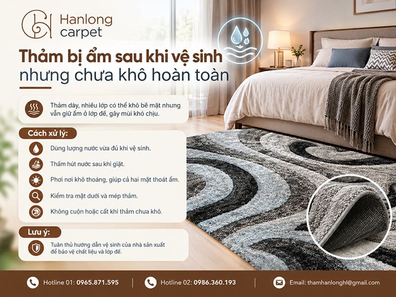 Thảm bị ẩm sau khi vệ sinh nhưng chưa khô hoàn toàn