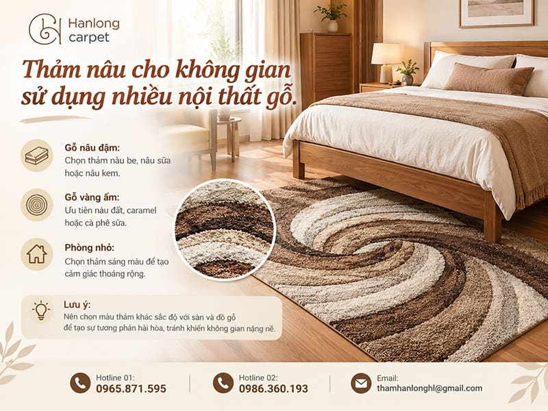Thảm nâu cho không gian sử dụng nhiều nội thất gỗ